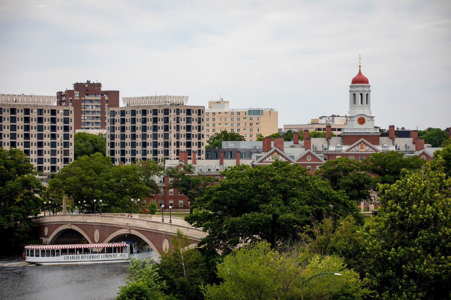 Harvard University from Esteves at Harvard Business School with The Charles River to the left.