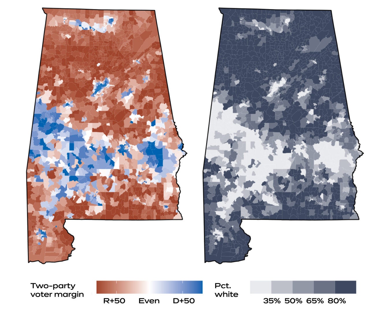 The maps compare partisan thinness to the share of minority voters throughout Alabama.