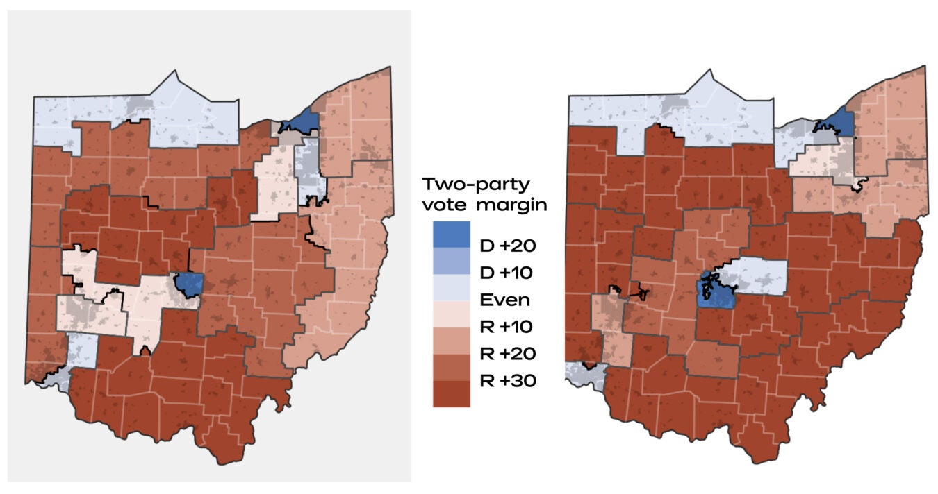 Heat map shows vote margin by district using Ohio's districting map compared to a simulated one. It shows some variation in which districts lean Republican and Democrat.