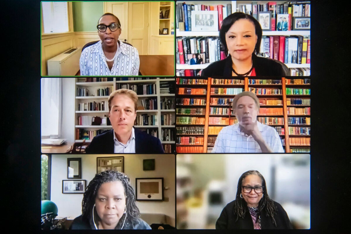 Claudine Gay (clockwise from top left), Tomiko Brown-Nagin, Sven Beckert, Vincent Brown, Annette Gordon-Reed, Evelynn Hammonds; Tiya Miles, and Sheree Ohen.