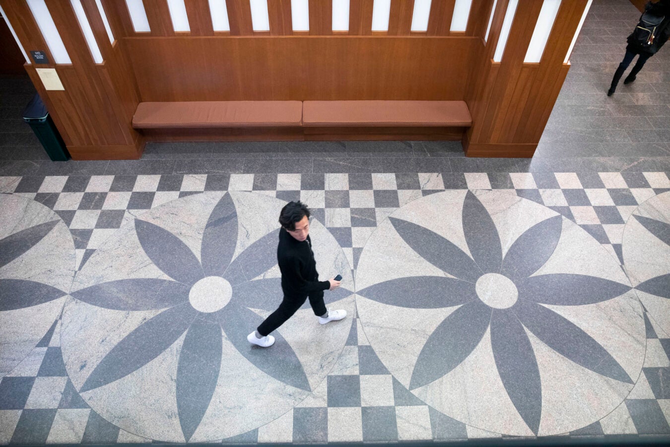 Pictured from above, a person walks over the lotus stone walkway in Hauser Hall.