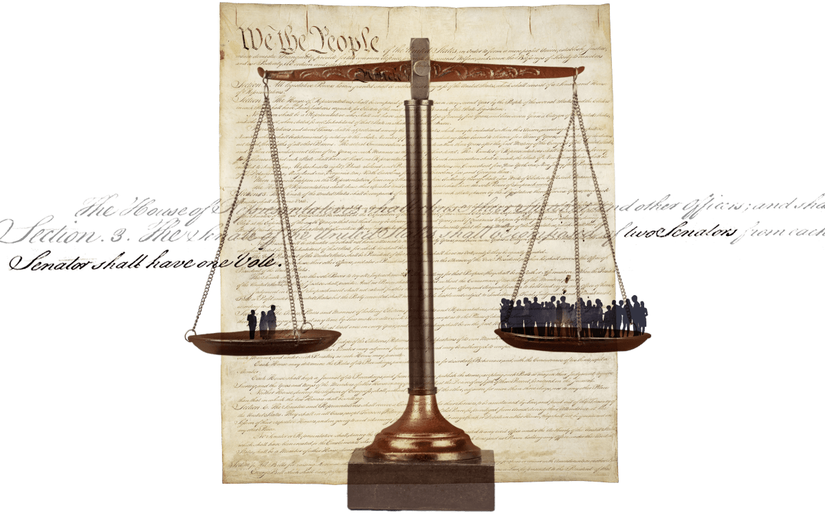 Collage of Constitution and disproportionate voting power.
