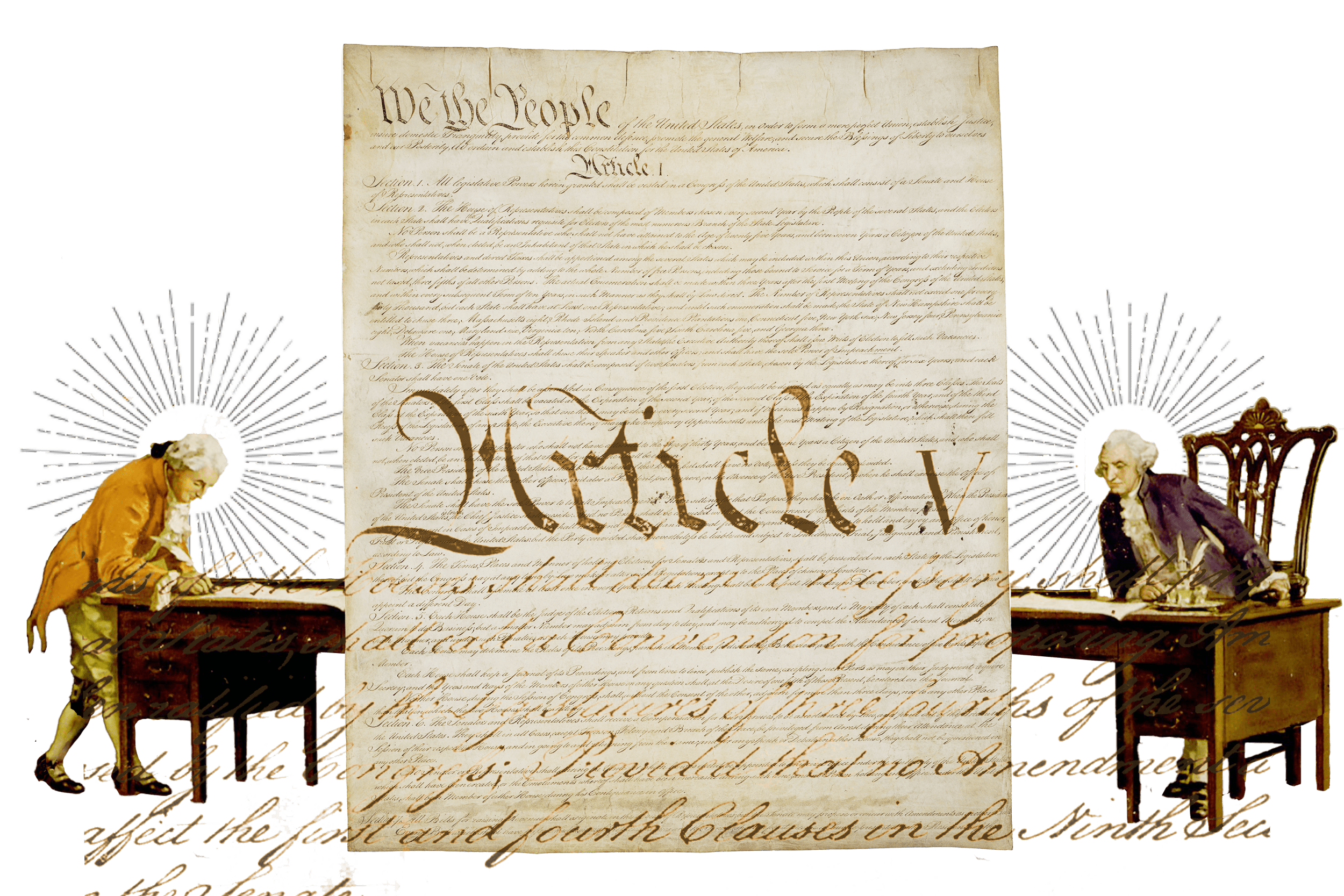 Collage of Framers and Constitution.
