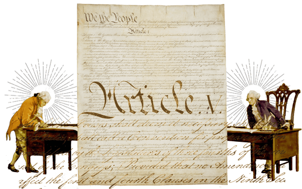 Collage of Framers and Constitution.