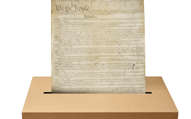 Collage of Constitution and ballot box.