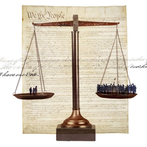 Collage of Constitution and disproportionate voting power.