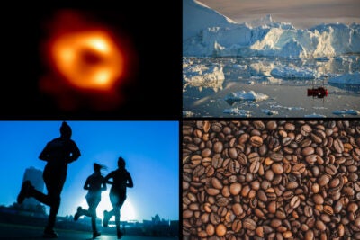 Collage of black hole image, ice sheets, runners, and coffee.