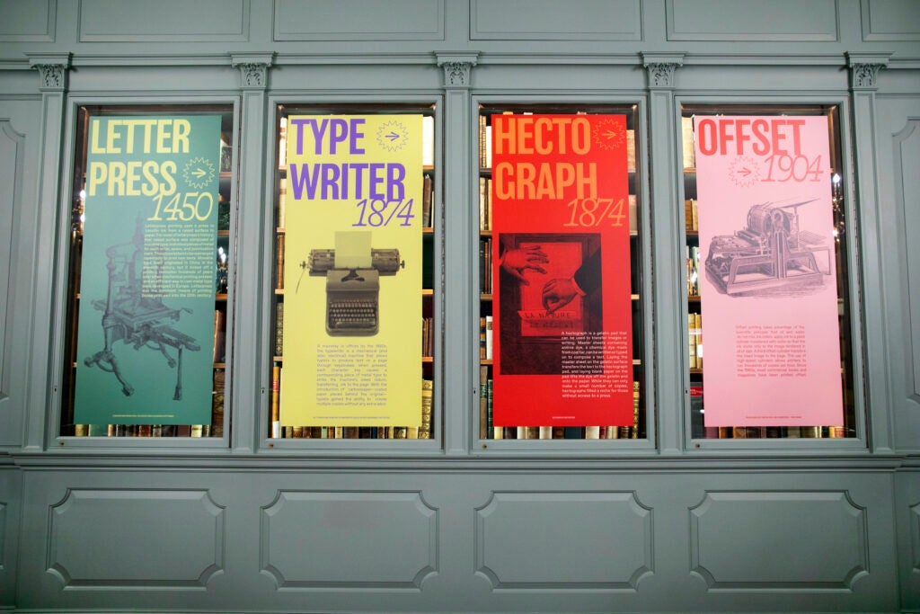 Posters highlighting publishing technology such as typewriter, offset, letterpress, hectograph.