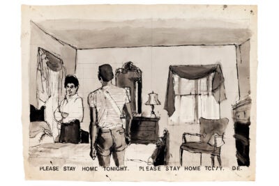 "Please Stay Home" drawing by Darrel Ellis depicting couple in bedroom.