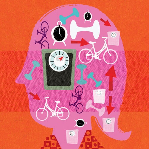 Illustration of woman's head filled with exercise and sleep.