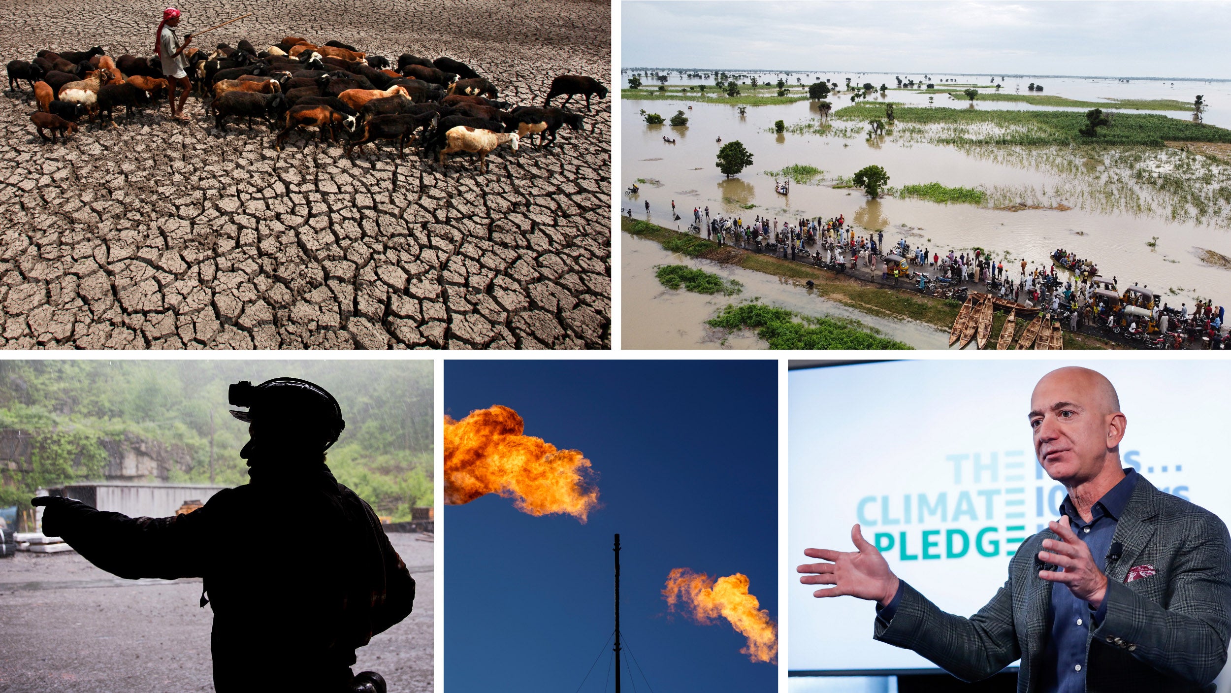 Drought in India; flooding in Nigeria; Jeff Bezos announces climate pledge; flares burn off methane; coal miner.