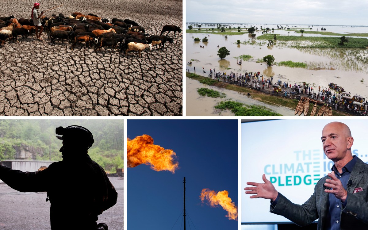 Drought in India; flooding in Nigeria; Jeff Bezos announces climate pledge; flares burn off methane; coal miner.