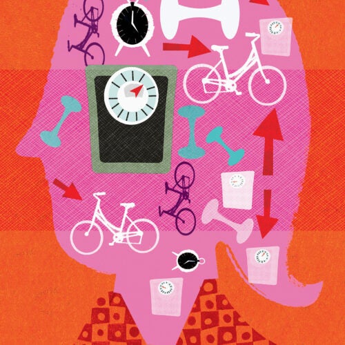 Illustration of woman's head filled with exercise and sleep.
