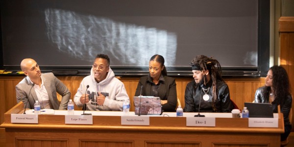 Panelists Forrest Stuart, Lupe Fiasco, Saida Grundy, Dee-1, and Elizabeth Hinton.