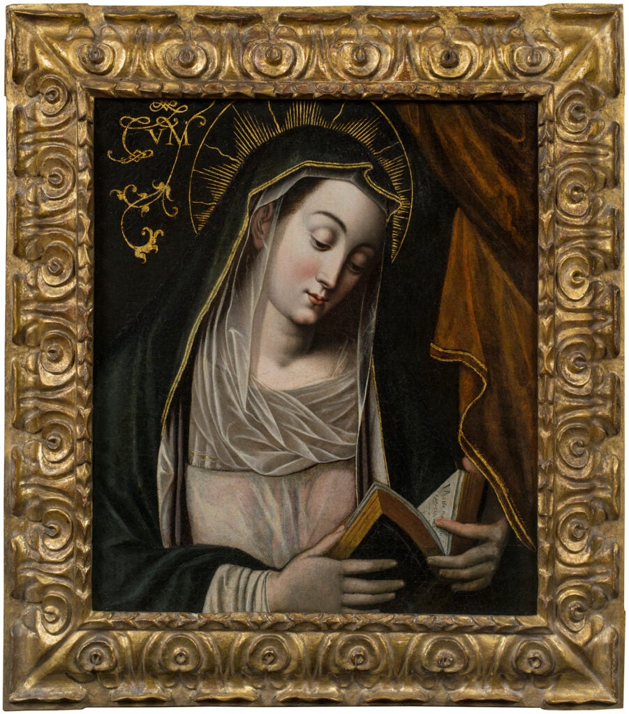“Virgin Mary Reading,” attributed to Mateo Pérez de Alesio (circa 1590–1610). Oil on canvas with gold (gold likely added in the 18th century). Carl & Marilynn Thoma Collection. Courtesy of the Carl & Marilynn Thoma Foundation