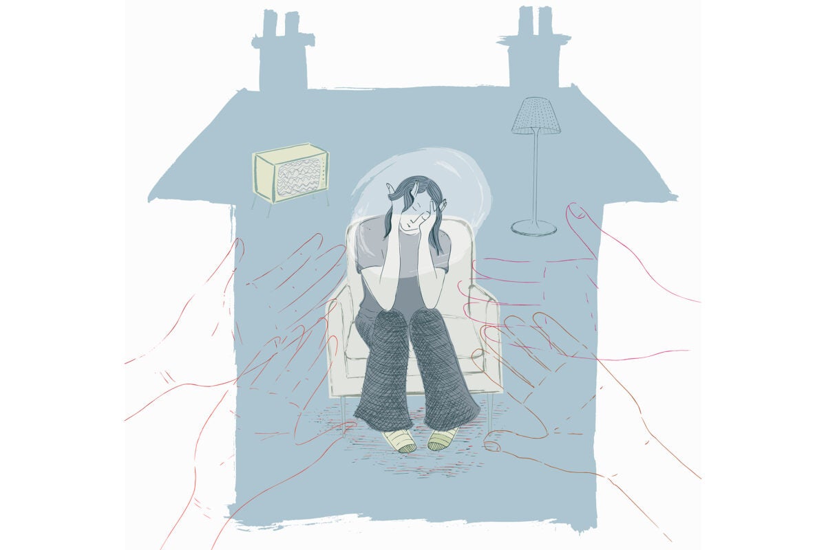 Illustration of hands reaching out to sad teenager isolated in home. (Illustration by Trina Dalziel / Ikon Images)