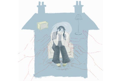 Illustration of hands reaching out to sad teenager isolated in home. (Illustration by Trina Dalziel / Ikon Images)