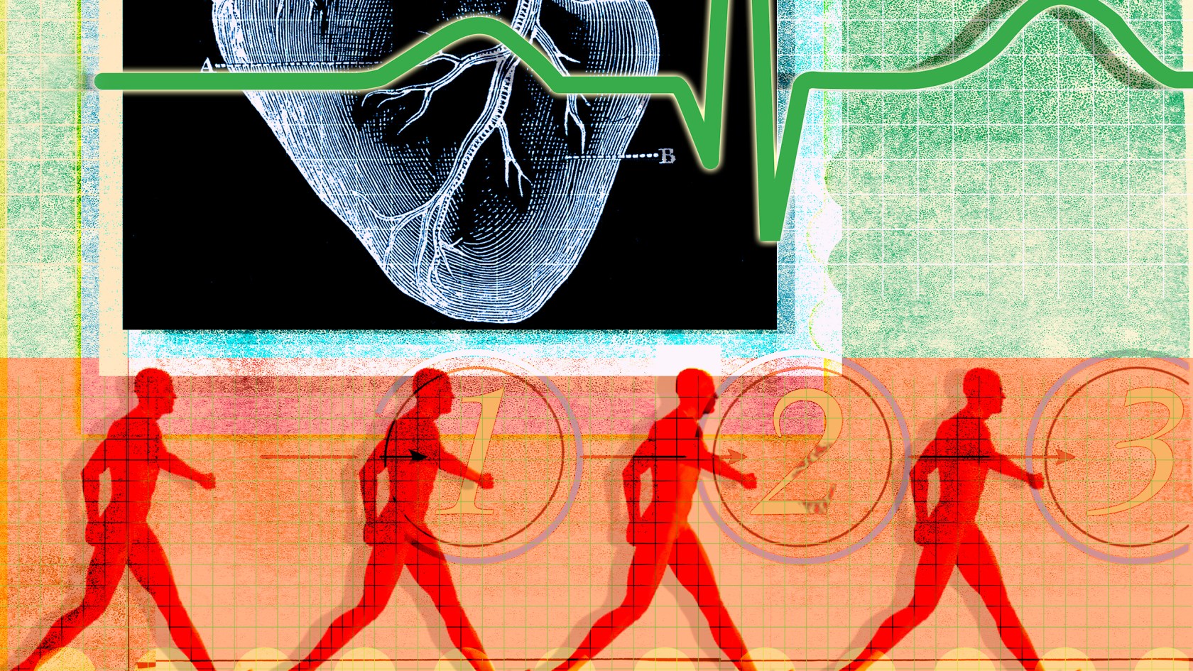 Collage of people walking and heart health.