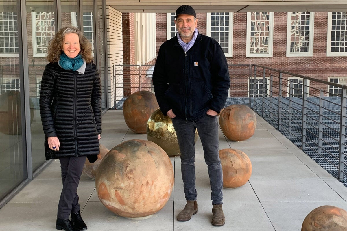 Mary Schneider Enriquez and Bosco Sodi with Bosco Sodi: Origen (2023) on the outdoor Broadway terrace at the Harvard Art Museums.