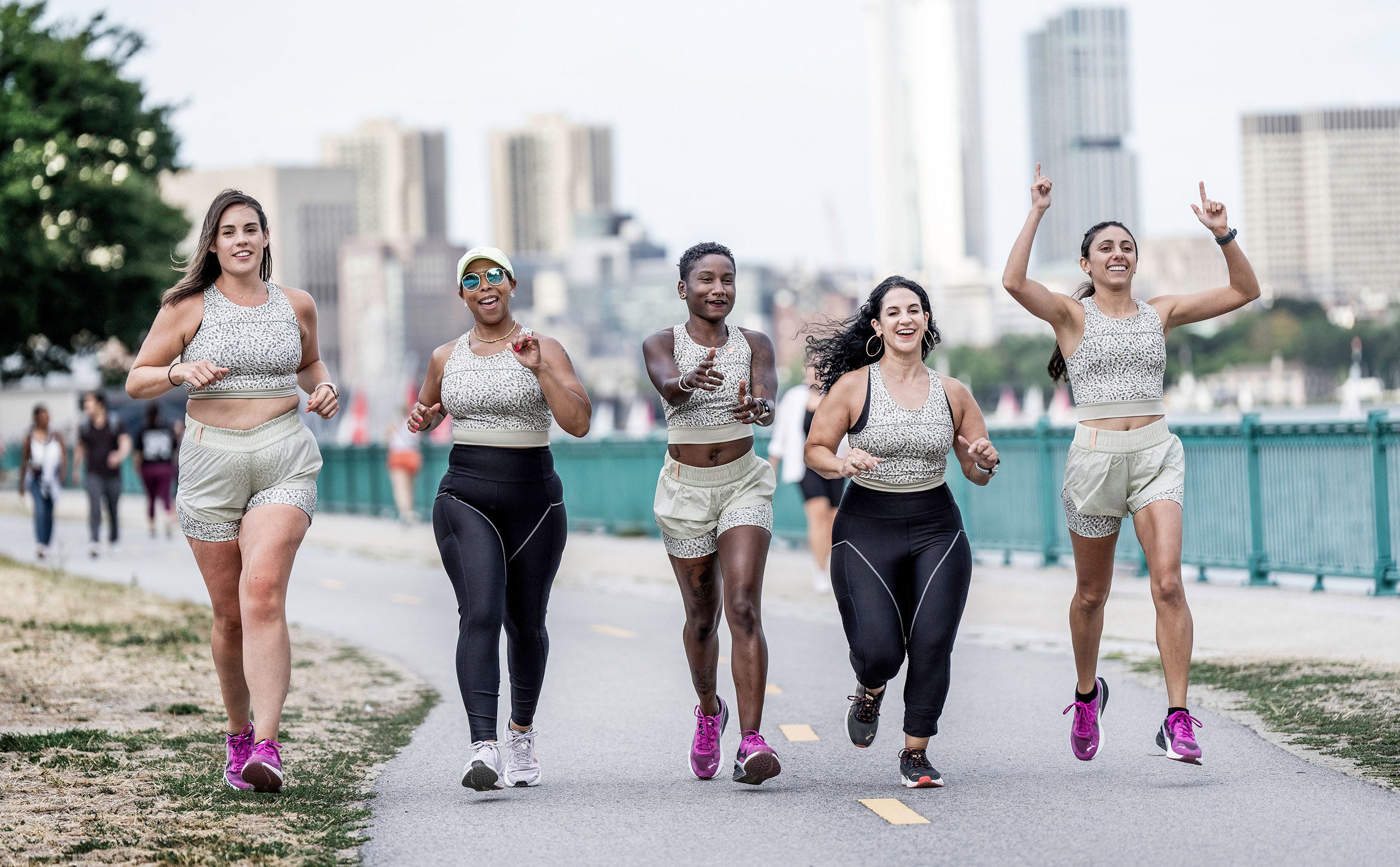 Erin Wallace, Angel Babbitt Harris, Abeo Powder, Elaine Kordis, Alia Qatarneh run the 2022 Boston 10K for Women. (Courtesy of PUMA / PUMA Running)