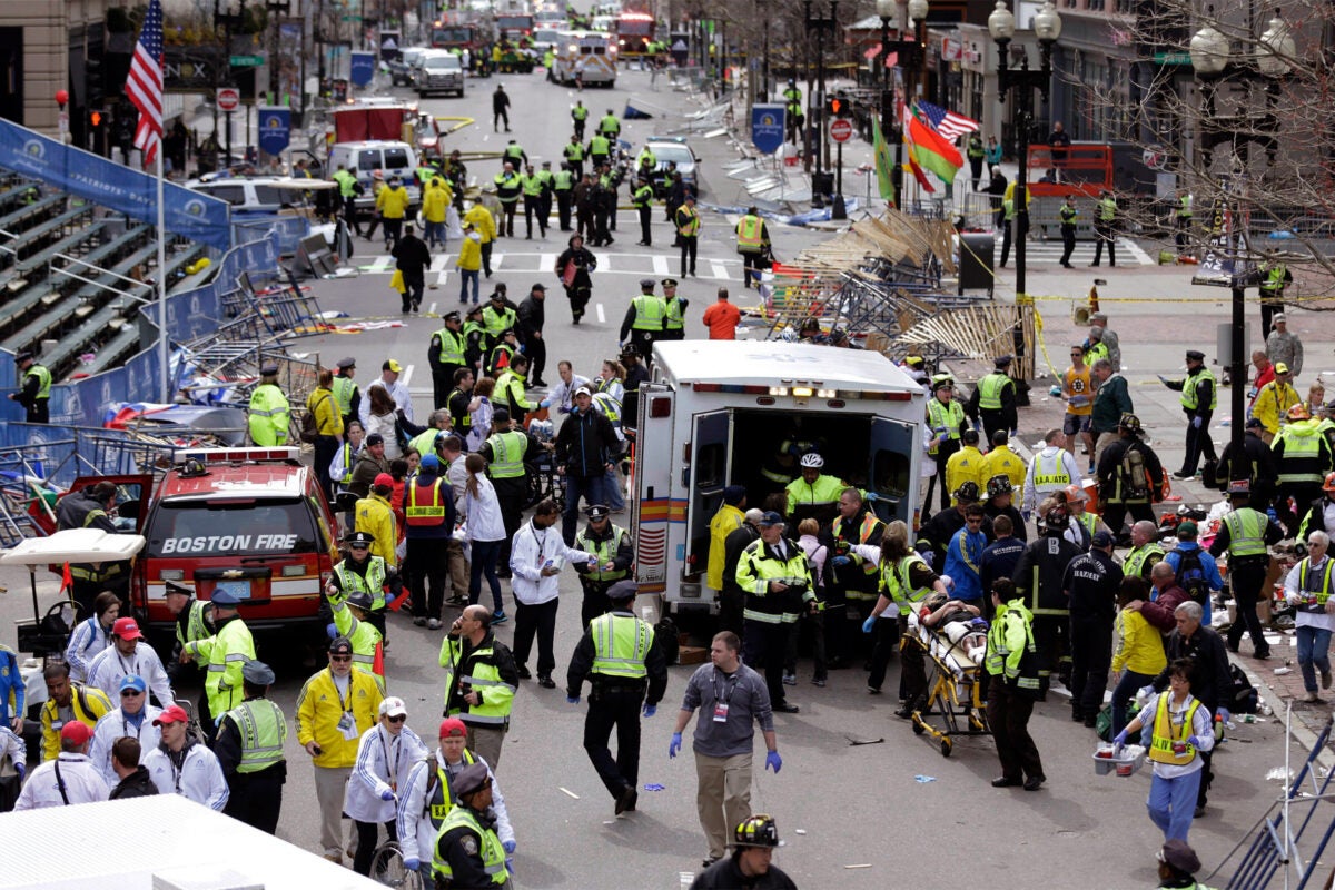 Boston Marathon finish line, following explosions, April 15, 2013.