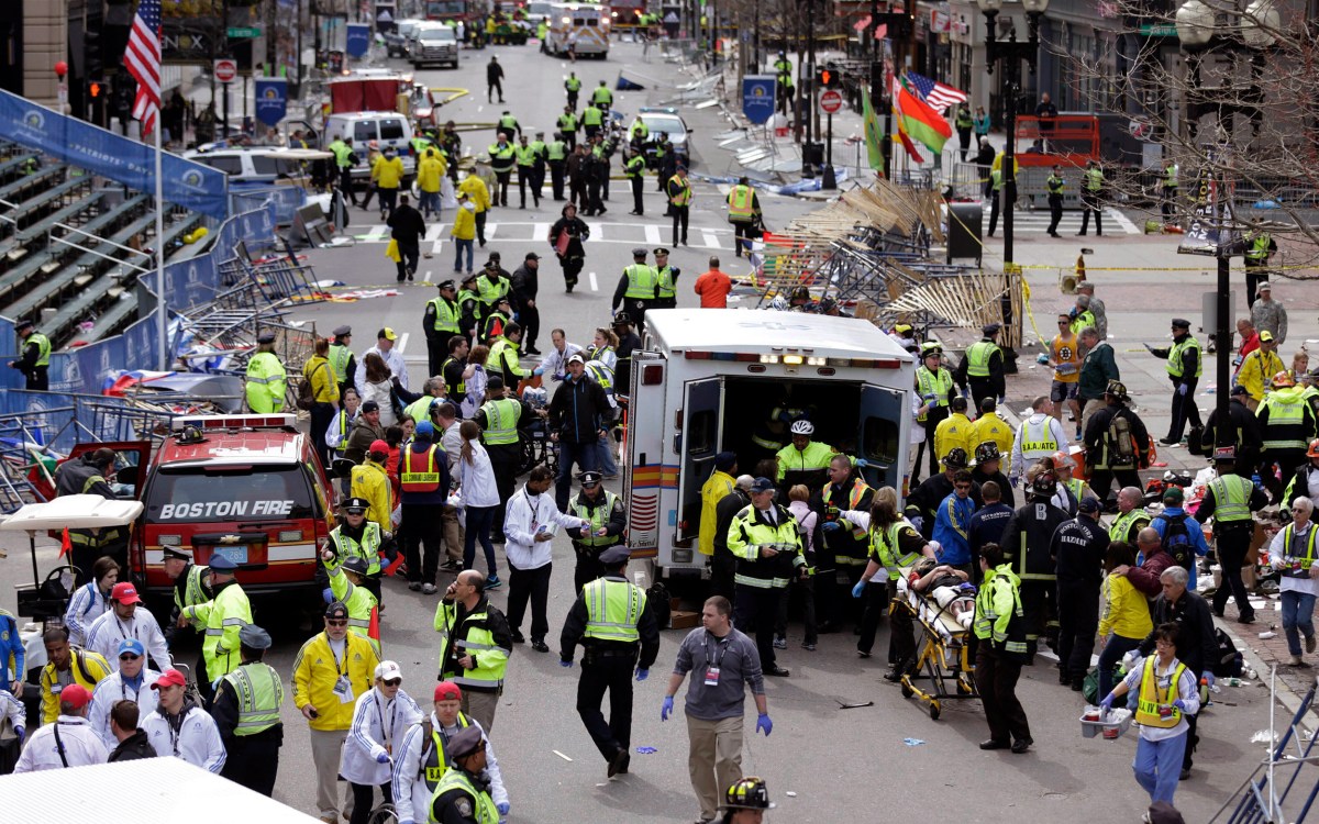 Boston Marathon finish line, following explosions, April 15, 2013.