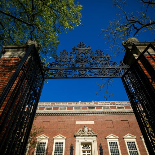 A Harvard Yard gate frames Harvard Art Museums at Harvard University. S