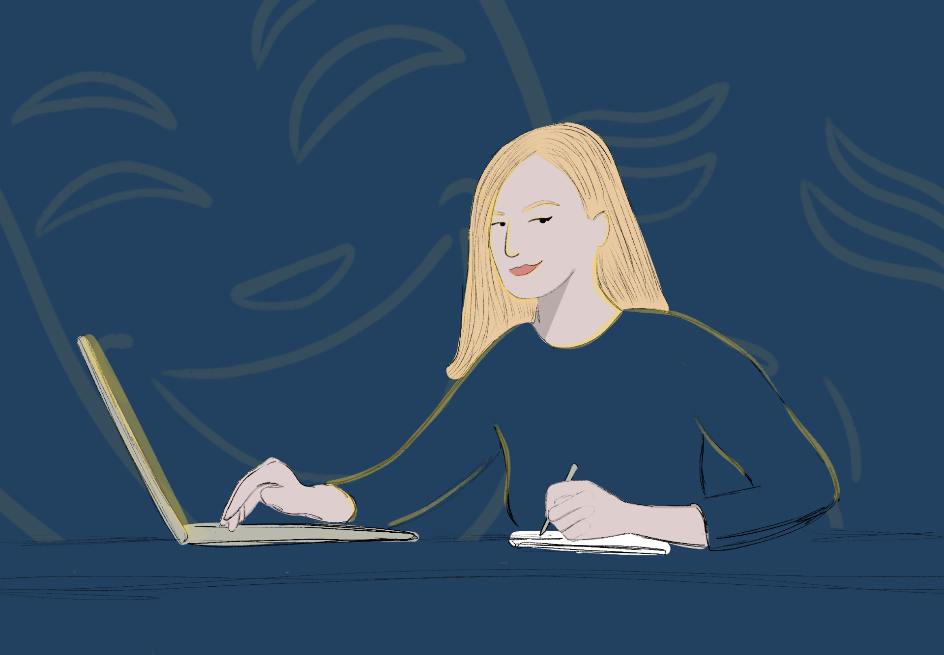 Illustration of humorist Cora Frazier writing on laptop with Greek mask of comedy in the background.