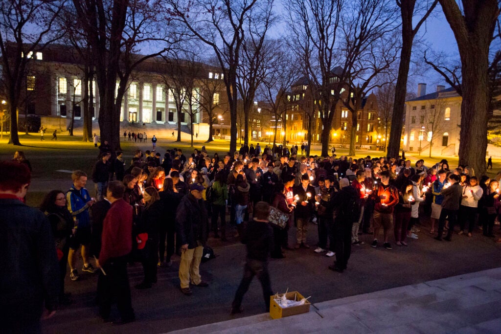 Candlelight vigil in Harvard Yard.