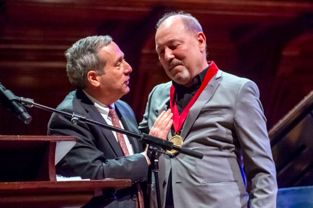 Bacow congratulated Rubén Blades as the musician, actor, and politician received the 2022 Harvard Arts Medal.