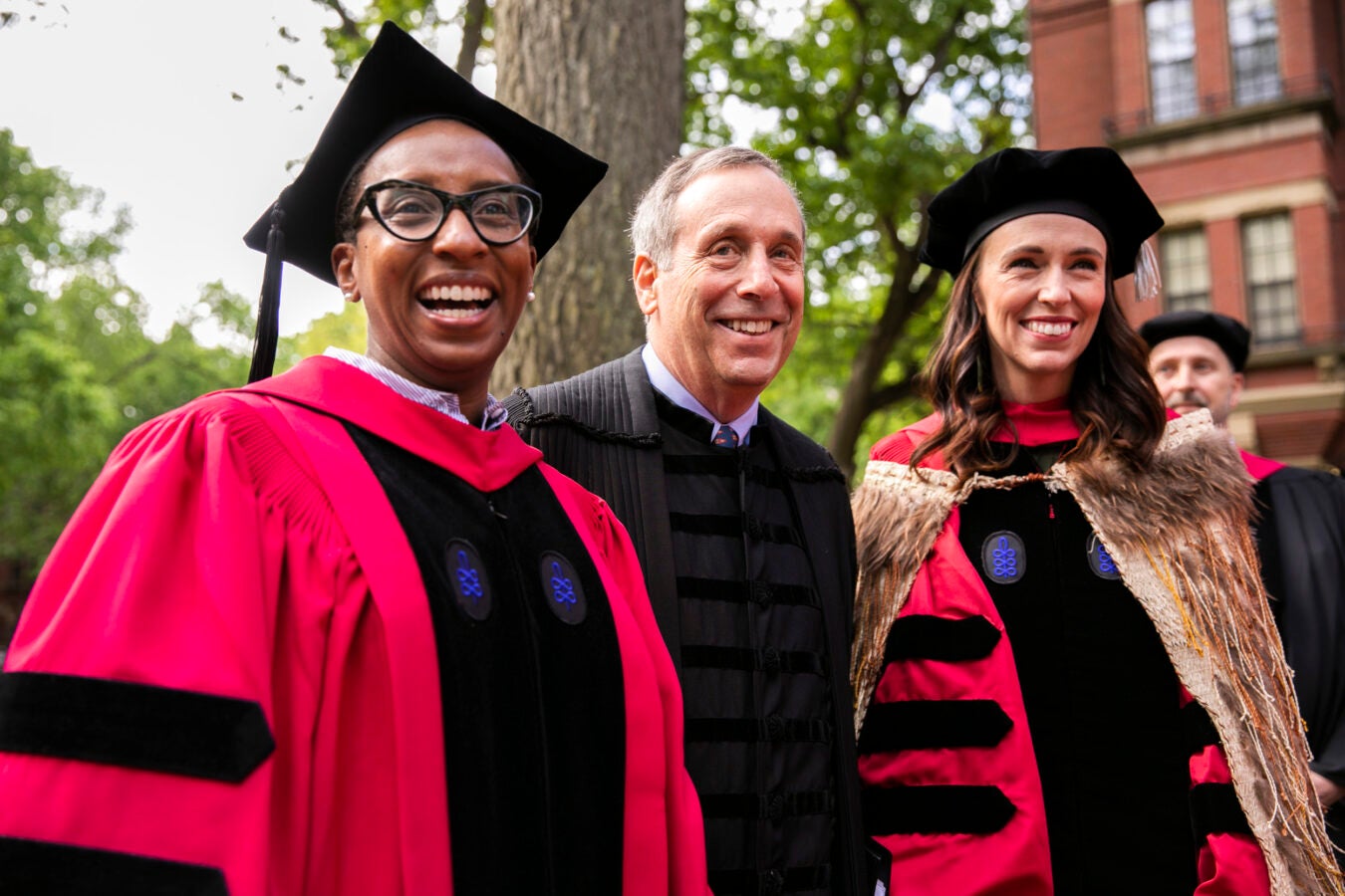 Dean of Faculty of Arts and Sciences and incoming president Claudine Gay (from left), Bacow, and Prime Minister of New Zealand Jacinda Ardern, the 2022 Commencement speaker are pictured together.