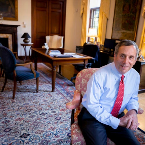 Larry Bacow in his Loeb House office on the first day of his presidency in July 2018.