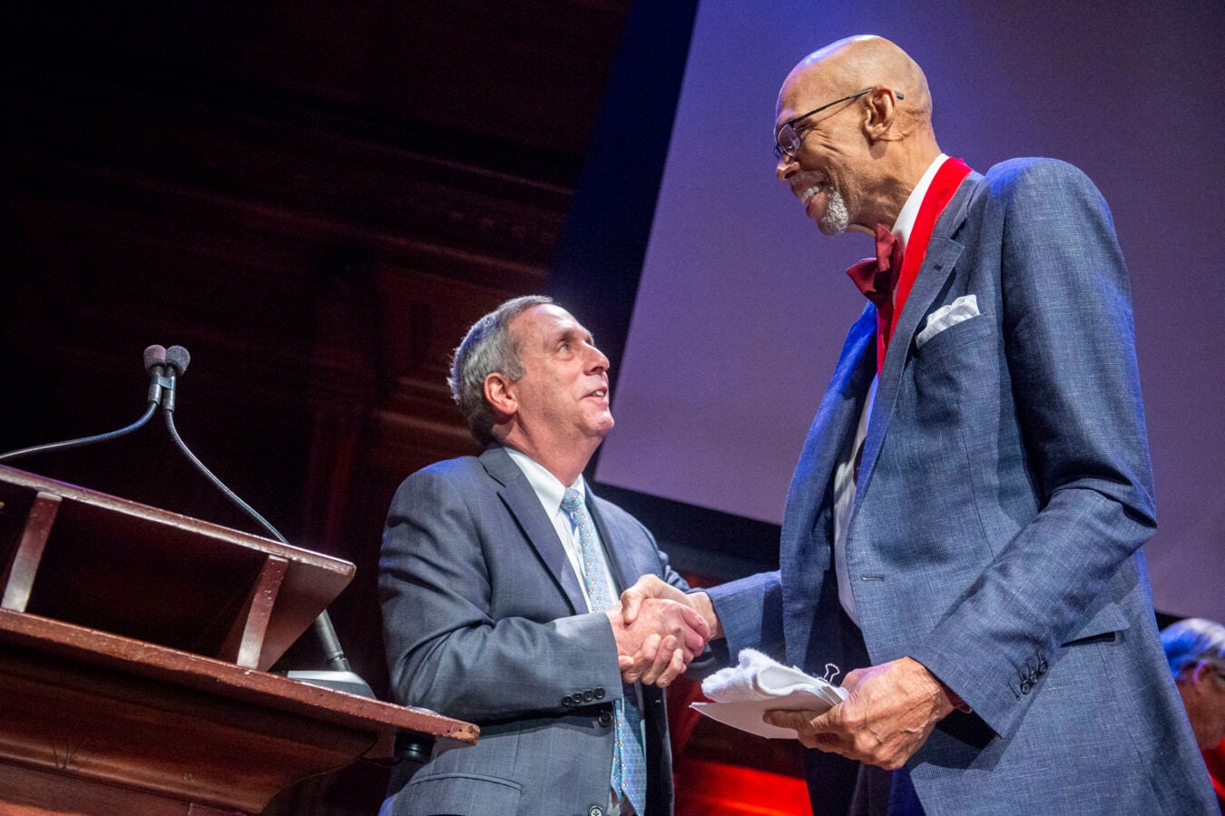 Bacow congratulated basketball Hall of Famer Kareem Abdul-Jabbar as he received one of the seven W.E.B. Du Bois Medals awarded in 2022.
