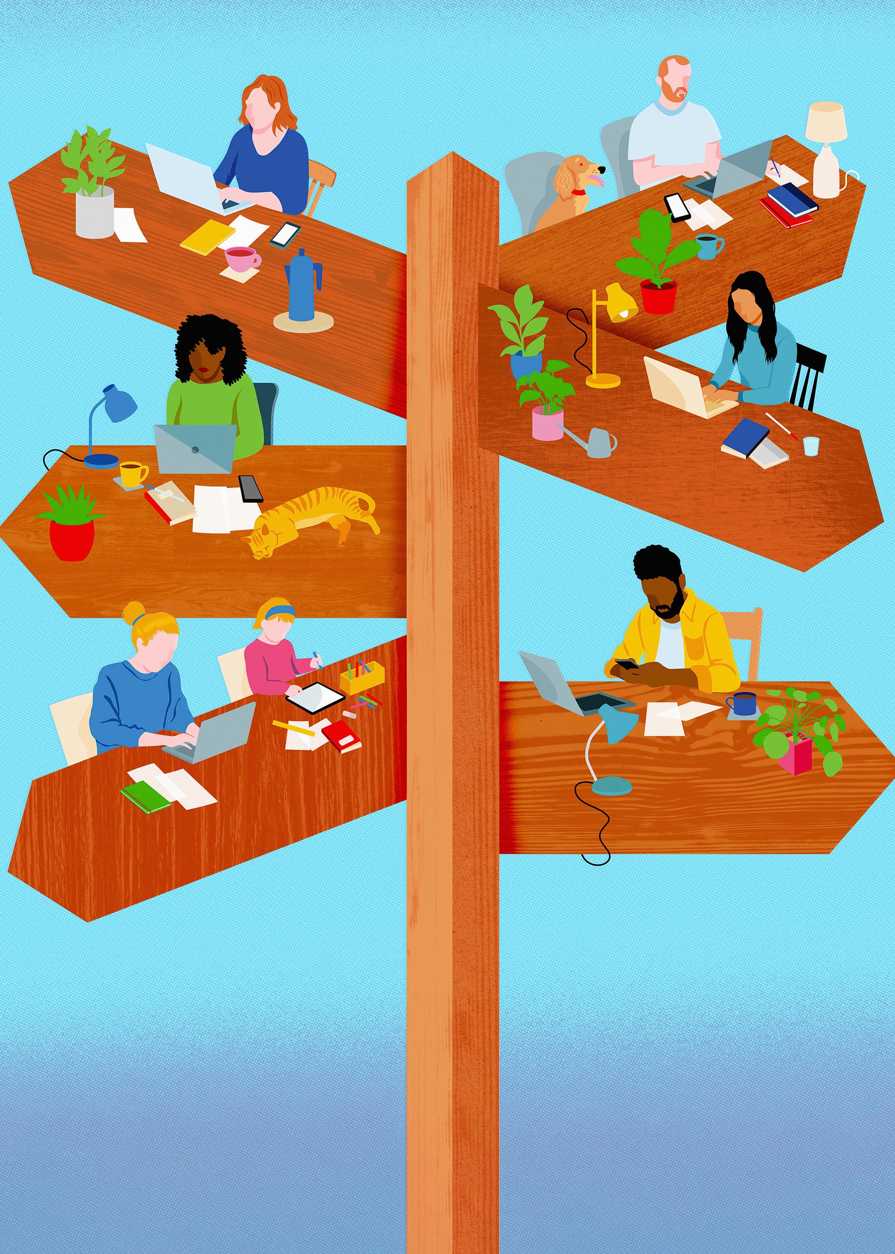 Illustration of people working from home in all directions on desk shaped like signpost.