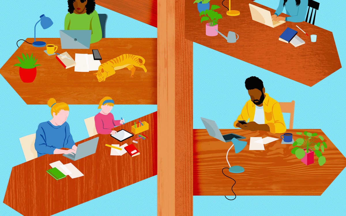 Illustration of people working from home in all directions on desk shaped like signpost.