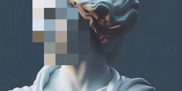 Pixelated face of human sculpture.