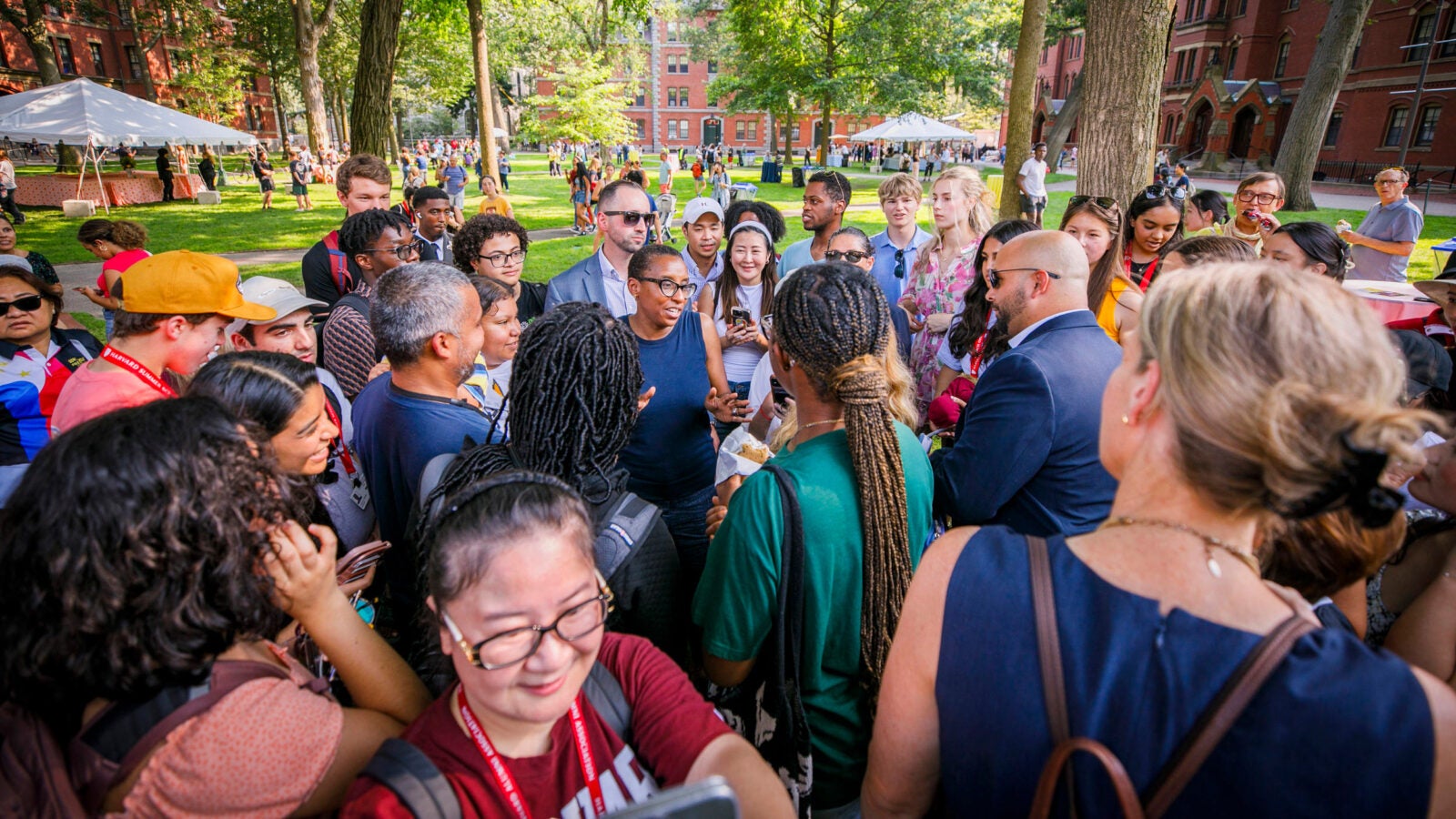 President Claudine Gay meets with the community in front of Massachusetts Hall in Harvard Yard