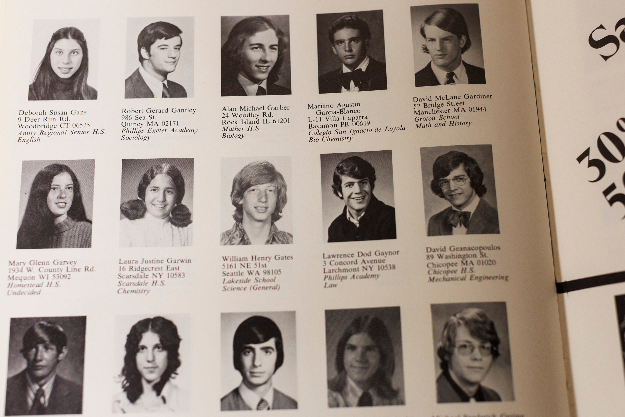 Page from 1973 Harvard class book includes Bill Gates.