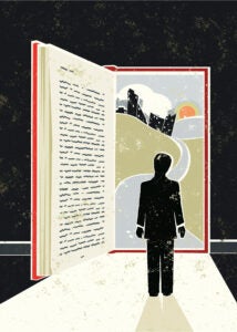 Illustration of man walking through an open book.