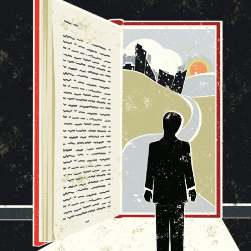 Illustration of man walking through an open book.