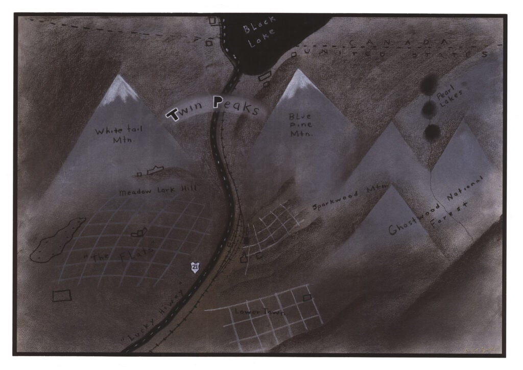 Map of fictional town of Twin Peaks by David Lynch used in a meeting to pitch the TV series.