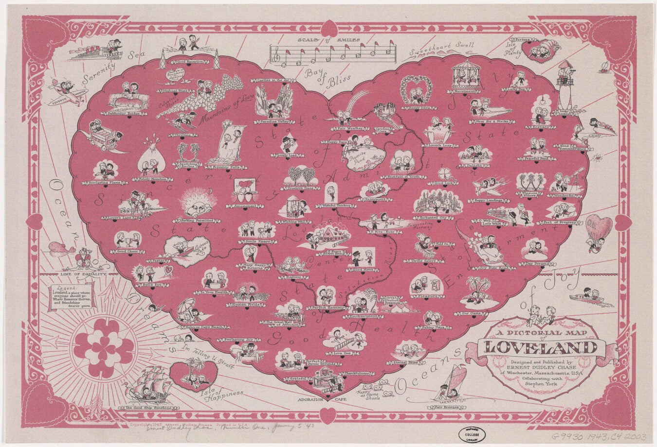A Pictorial Map of Loveland is a conceptual map about being in love with "landmarks" including Lustrous Lake, Happy as Clams Shoals and the Serenity Sea.
