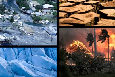 Collage of hurricane flooding, drought, wildfires, and melting glaciers.