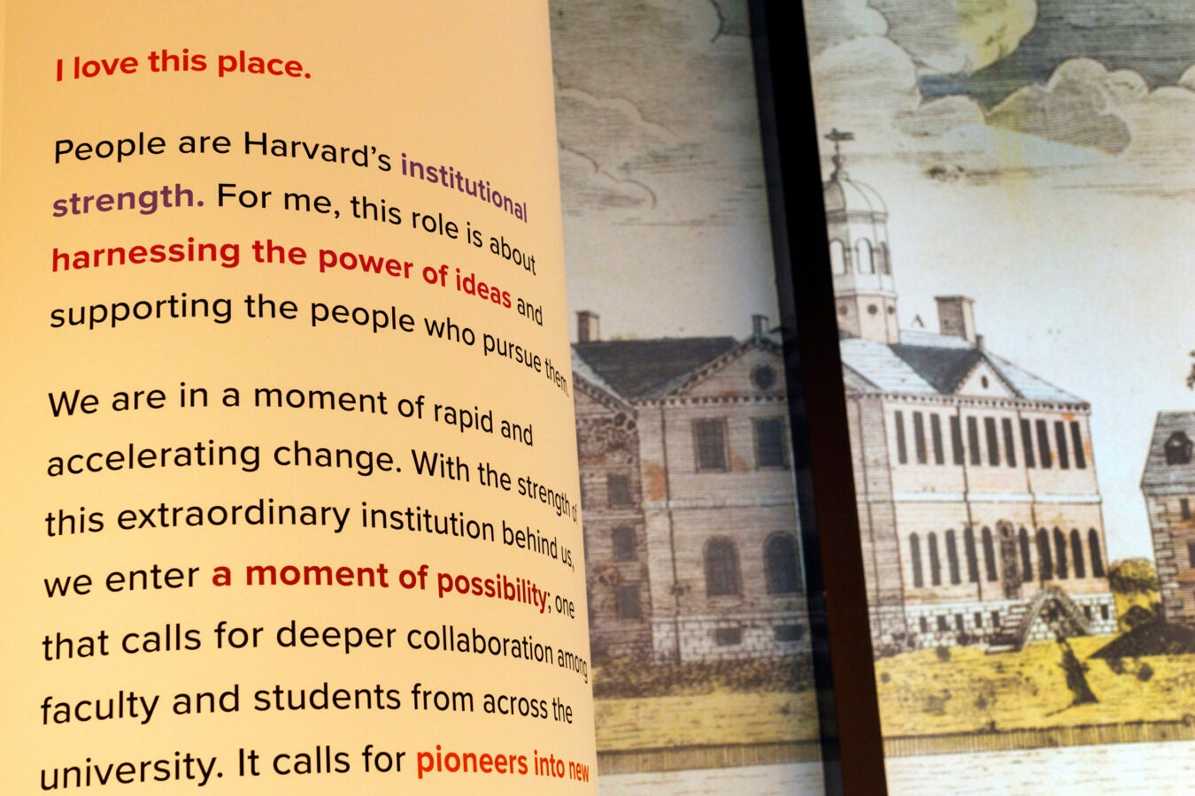 Large text from Claudine Gay speech displayed alongside historical illustrations of Harvard's campus.