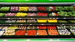 Produce line supermarket shelves.