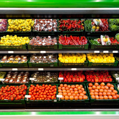 Produce line supermarket shelves.