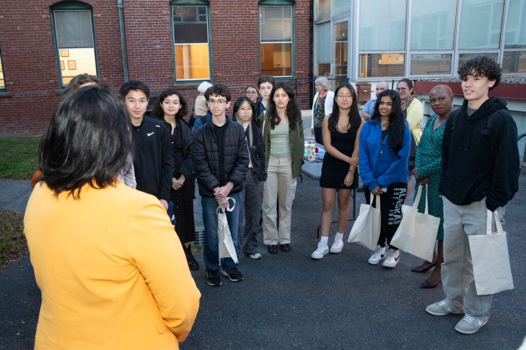 Lieutenant Governor Kim Driscoll (left) speaks with CRLS students.