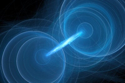 Blue glowing quantum correlation.