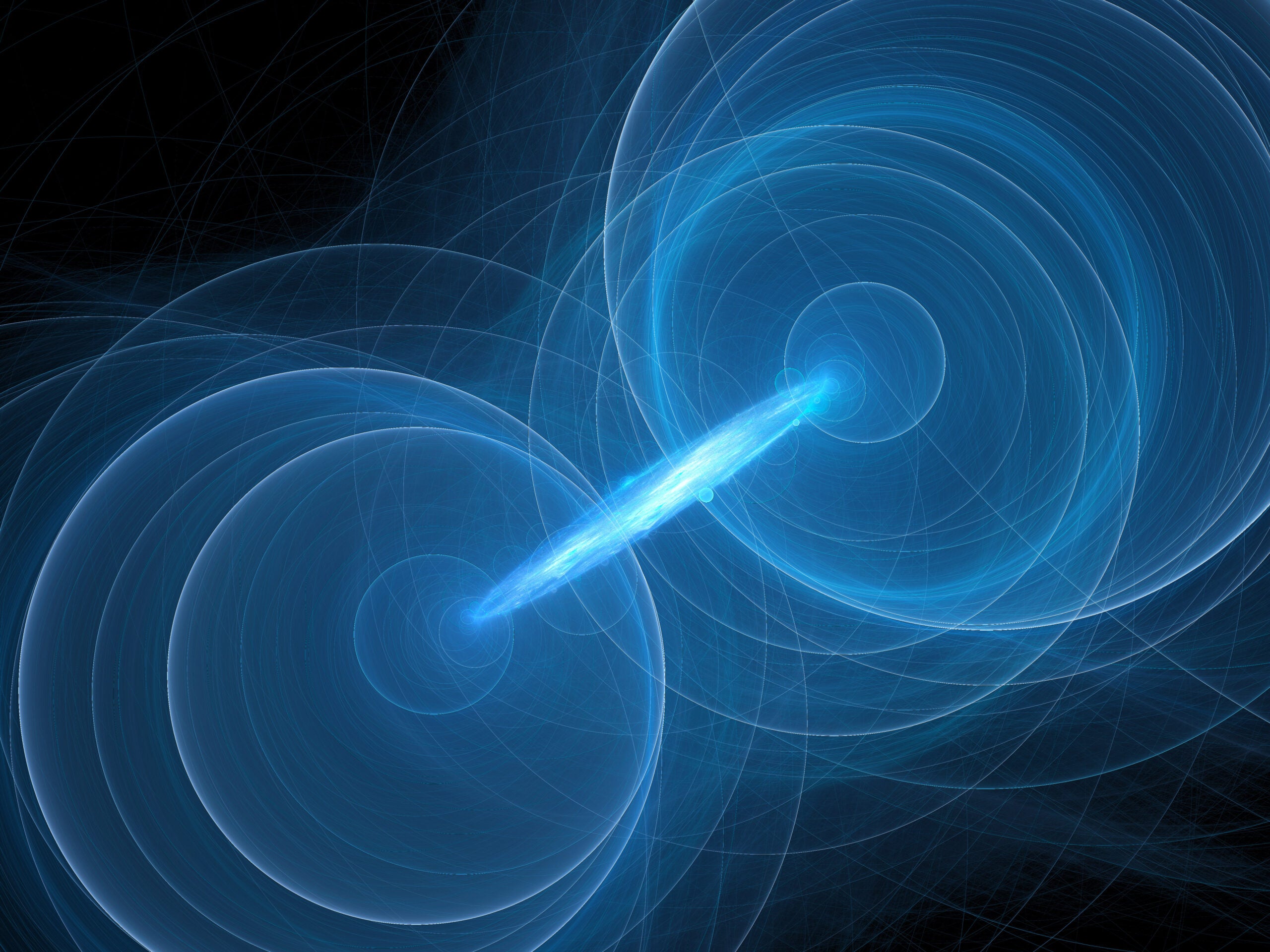 Blue glowing quantum correlation.