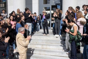 Harvard Professor Claudia Goldin on the steps of Littauer.